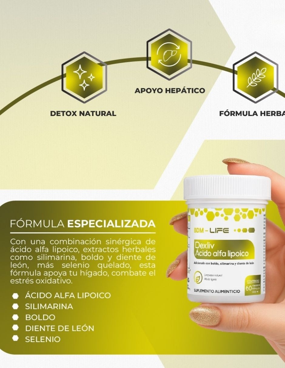Dexliv ácido alfa lipoico bdm life 120 cápsulas apoyo hepático y antioxidante con glutation y ácido alfa lipoico de 4